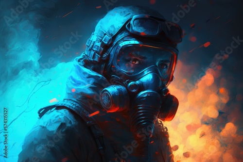 glowing blue gas-masked soldier digital art poster AI generation.