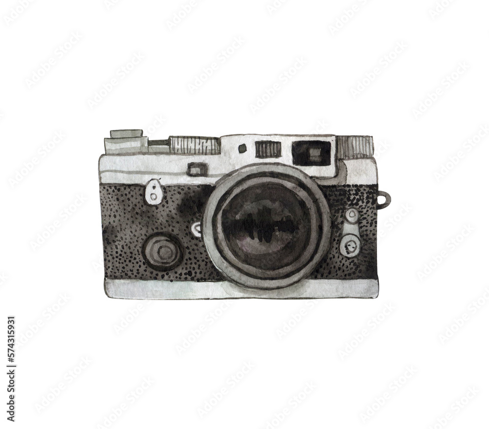 Retro black camera, watercolor illustration of the object isolated on a white one Retro black camera, watercolor illustration of the object isolated on a white one