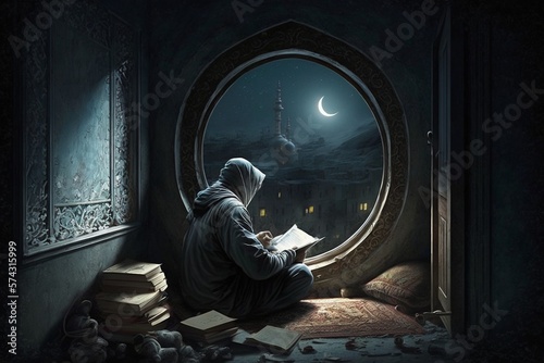 Foto A man reads the Koran (al quran) book at night near the window under the Ramadan