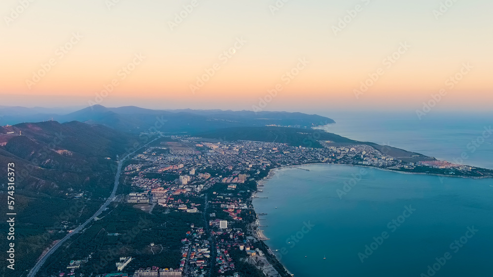 Gelendzhik, Russia. Bay, Thin and Thick capes. Sunset time, Aerial View