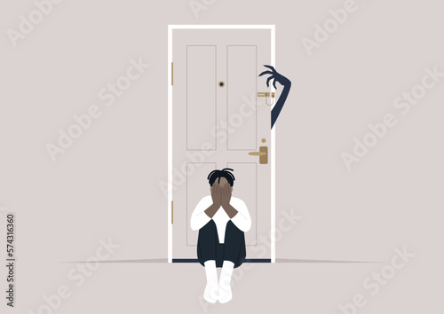 A young character sitting on the floor with their back turned to the entrance door, A spooky monster hand trying to unlock a chain lock, unsafe environment