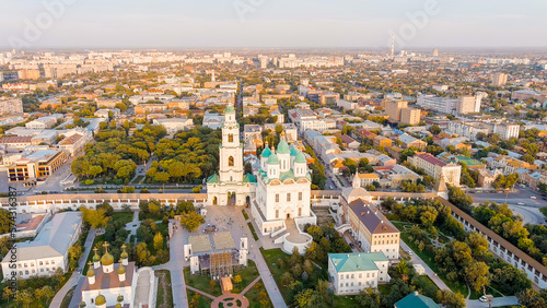 Astrakhan  Russia. Cathedral of the Assumption of the Blessed Virgin. Astrakhan Kremlin during sunset  Aerial View