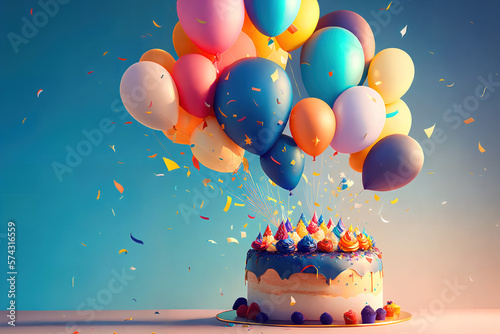 birthday party balloons with confetti and cake on light blue background.