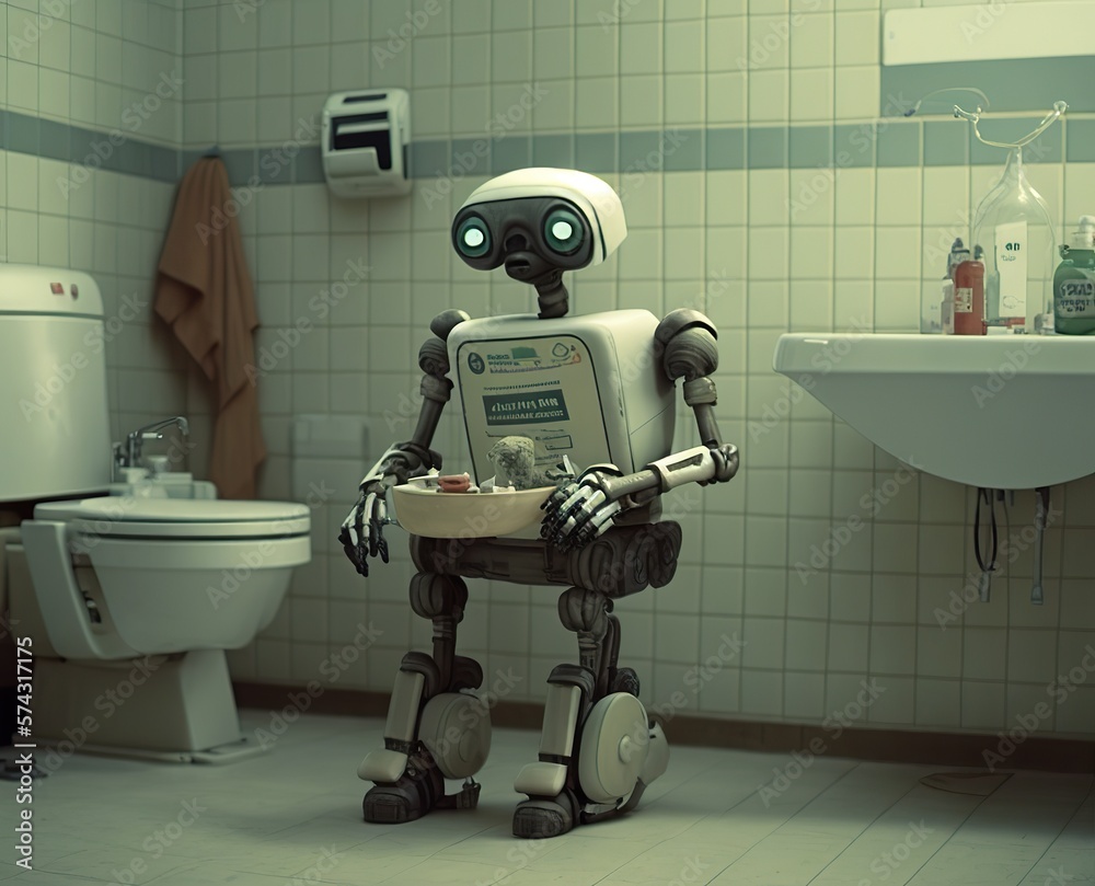 Roboter als Reinigungskraft auf der Toilette. Klofrau war gestern. Toilette  wird sauber gehalten im Hotel oder auf der Autobahn mit Hilfe von Robotern  Stock Illustration | Adobe Stock