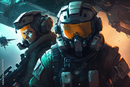 team of space mercenaries pilots their heavily-armed, modular spaceship through the galaxy, taking on dangerous missions and fighting off rival factions digital art poster AI generation. photo