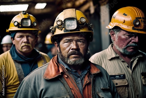 Bergarbeiter Illustration vor dem Ausstieg aus dem Kohleabbau. Erfahrene Bergleute bei der Arbeit. Letzte Schicht für Bergarbeiter. Bergbau Hintergrund - KI generiert.