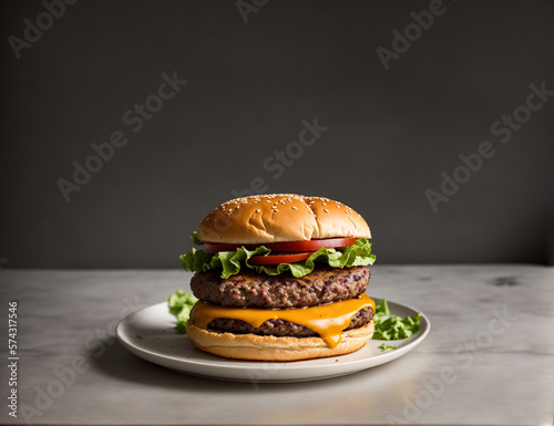 Tasty Hamburger Sandwiches, close-up with big copy space. Studio Shot of Burger on a white plate. Generative AI.