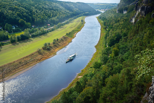 Aerial view of Elbe River and boat at Rathen near Bastei Bridge (Basteibrucke) - Saxony, Germany