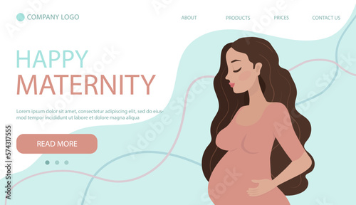 Pregnant woman concept illustration in cute cartoon style, healthcare, pregnancy. Home page banner	