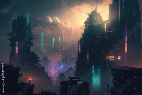densely populated, illuminated megacity digital art poster AI generation.
