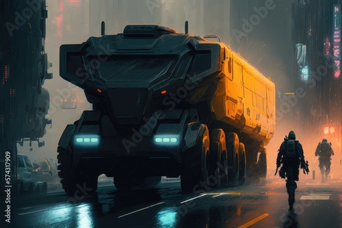 team of hackers and thieves pull off the heist of the century using a heavily-armored armored truck, racing through the streets of a futuristic metropolis digital art poster AI generation. photo