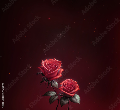 Pink rose bush on a dark background with sparks and glowing stars. Romantic cover with copy space for naming for a love story book. Generative AI.