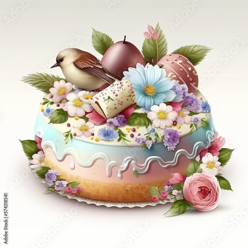 Easter cake, eggs and flowers illustration