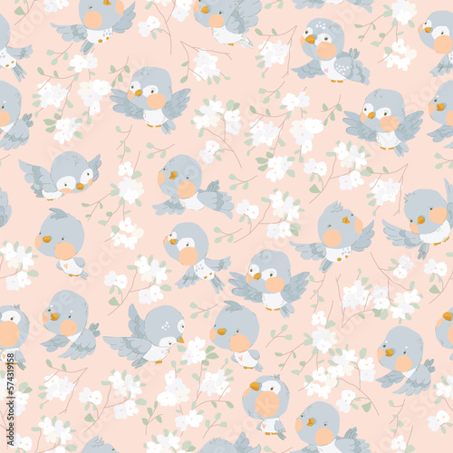 Seamless Pattern with Birds and Blooming Branches on Pink Background