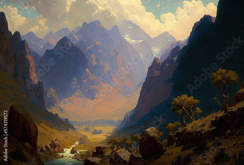 Stunning landscapes, mountains, painting, wallpaper. Generative AI. © ART IS AN EXPLOSION.