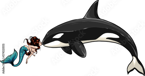 syren Killer whale on white isolated background, vector Orca in Cartoon style,