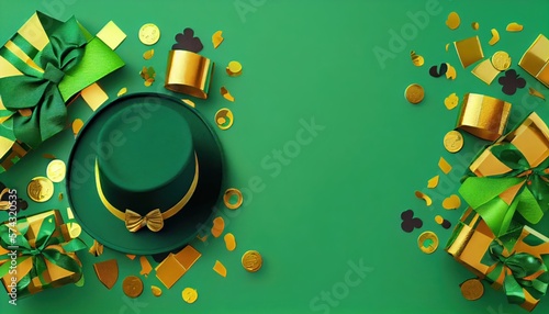 St. Patrick's Day concept. Top view photo of leprechaun cap present boxes pot with gold coins bow-tie shamrocks and confetti on isolated green background with blank space, generative AI