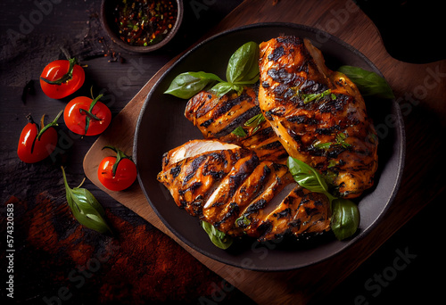 Marinated grilled healthy chicken breasts cooked on a summer BBQ and served with fresh herbs, AI Generated