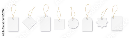 Blank paper price vector tags or gift tags in different shapes. Set of labels with cord. Vector