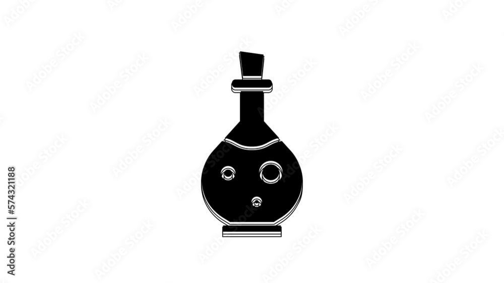 Black Glass bottle with magic elixir icon isolated on white background. Computer game asset. 4K Video motion graphic animation