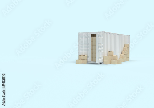 Sea container for cargo transportation and cardboard boxes. 3d render on the topic of cargo transportation, sea transportation. Blue background, minimal style.