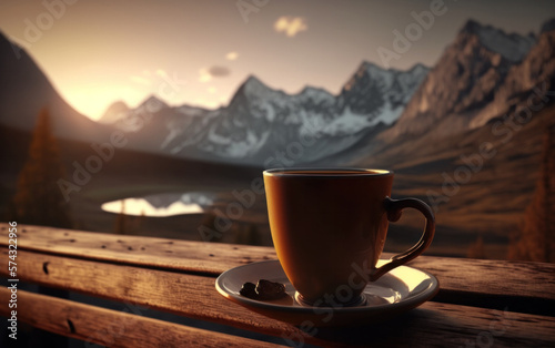 Generative AI illustration of hot drink on wooden surface in mountains