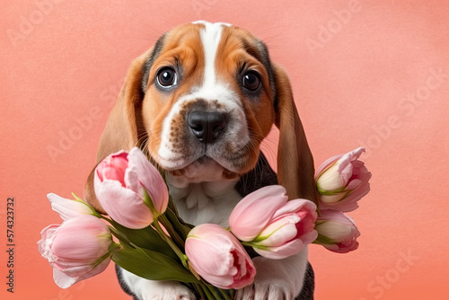 Cute doggy holding a bouquet of tulips on pink background. Generative Ai #574323732