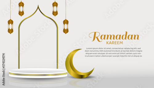 Special ramadan islamic themed display podium with lantern and moon decoration, advertising banner design vector template