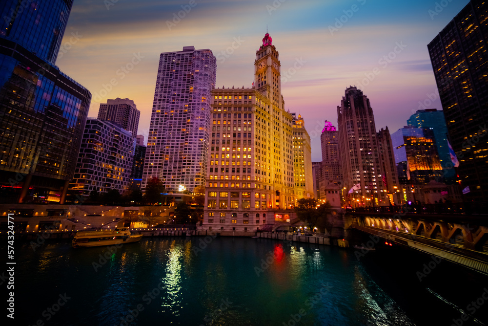 Chicago downtown and Chicago River at night, USA