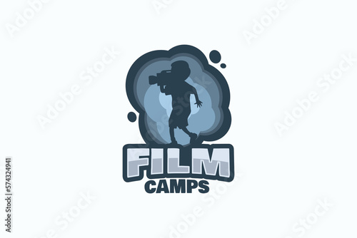 film camp logo with a combination of film camp lettering with a silhouette of a child making a video
