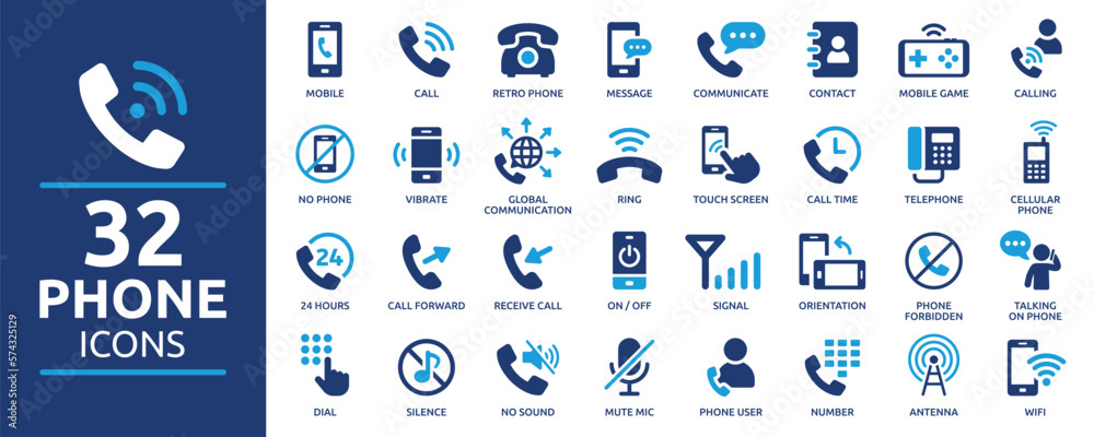 Phone icon set. Containing mobile, calling, contact, message, communication, call, cellular, vibrate, and more. Collection of telephone solid icons. - obrazy, fototapety, plakaty 