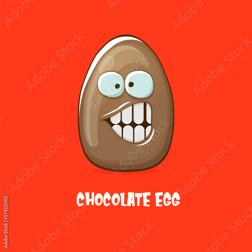 Cartoon chocolate easter egg cartoon characters isolated on red background. My name is egg vector concept illustration. funky sweet chocolate easter egg character with eyes and mouth