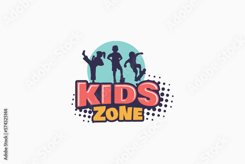 kids zone logo with a combination of kids zone lettering with silhouettes of children's activities such as martial arts, soccer, and skateboarding.