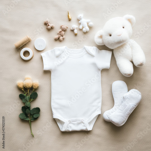 Top view of blank white baby bodysuit placed on soft beige plaid with yellow toy flowers and soft plush bears. Generative AI.
