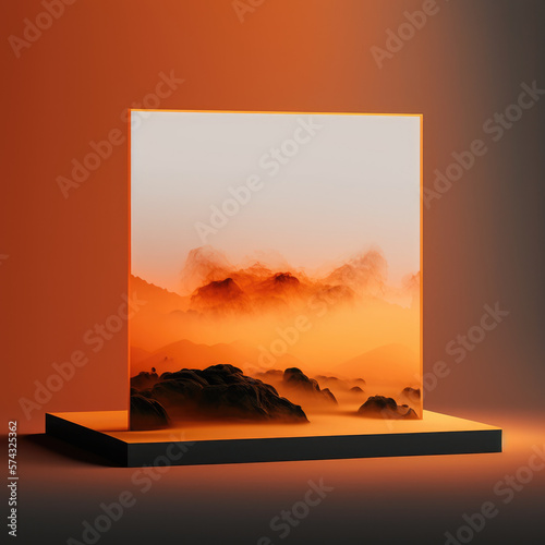 misty mists and orange sunsets background for cosmetic products  mock up pedestal. AI generation.