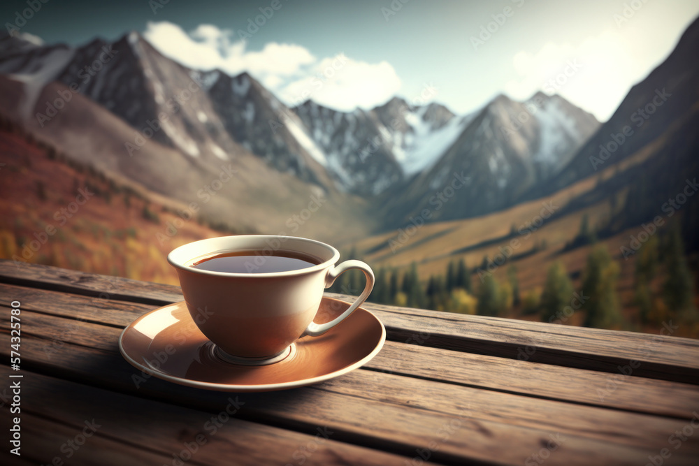 Generative AI illustration of cup with hot drink against snowy mountains Generative AI illustration of cup with hot drink against snowy mountains