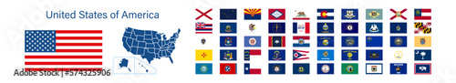 State flags of United States of America set icon and map. Regions flag vector photo