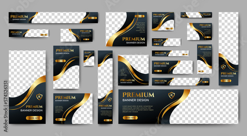 Black and gold Banner templates set with standard size for web. Business banner with place for photos for Social Media, Cover ads banner, flyer, invitation card.	
