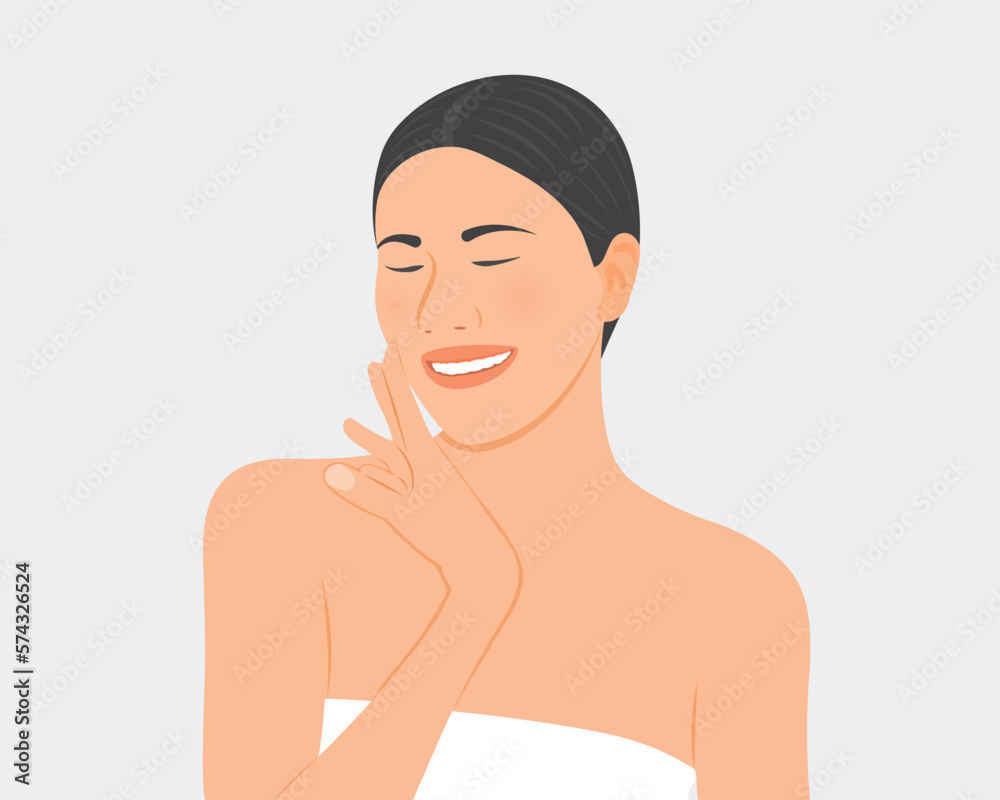 Beautiful woman smiling happily with beautiful facial skin.Beauty or health care concept vector illustration. Beautiful woman smiling happily with beautiful facial skin.Beauty or health care concept vector illustration.