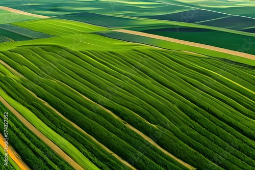 Beautiful landscape of farm fields. Cultivation of crops, production of food and raw materials. Top view of the countryside. Agriculture land and farming. Pepper plantation, leek. Generative AI