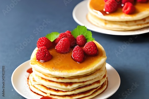 Fluffy pancake stack topped with syrup and embellished with raspberries and red glitter pepper hearts. For Saint Valentines Day, a homemade gift. Light peach background color. Generative AI