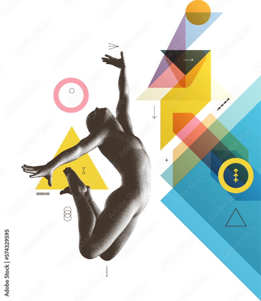 Fototapeta premium Art composition. Jumping man. Gymnastics activities for icon health and fitness community. Transparency geometrical background. Cover design template for presentation, poster, cover or brochure.