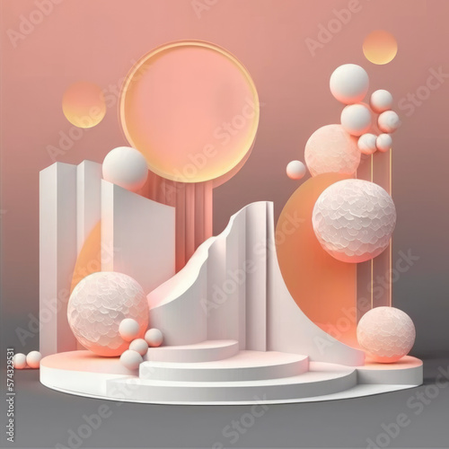 glowing moons and silver fog pink ribbons and orange stones background for cosmetic products, mock up pedestal. AI generation.