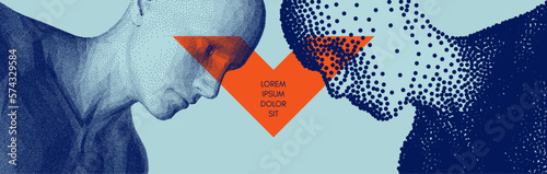 Two men are focused on the same goal. People talk face to face. Illustration of the communication between two humans. Mind reading concept. Battle with yourself. Vector in сoarse and fine style.