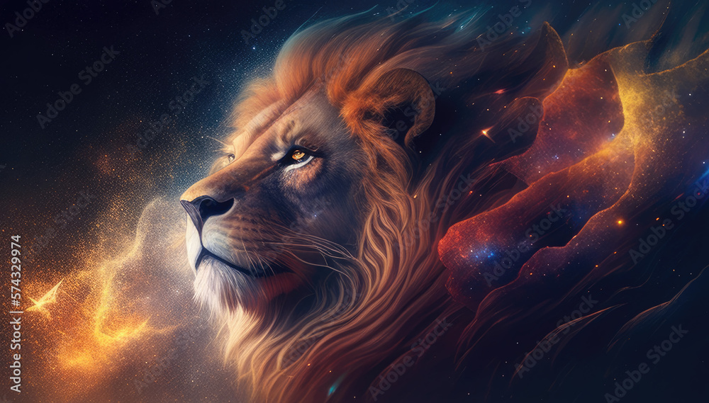 Leo lion king head zodiac sign against space nebula background. Astrology calendar. Esoteric horoscope and fortune telling concept. Created with Generative AI - obrazy, fototapety, plakaty 