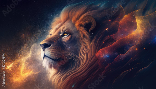 Leo lion king head zodiac sign against space nebula background. Astrology calendar. Esoteric horoscope and fortune telling concept. Created with Generative AI