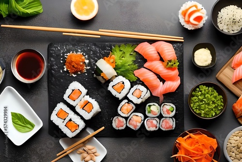 Fresh Beautiful Sushi Setup with Salmon Maki and Misterious Ingredients. Generative AI