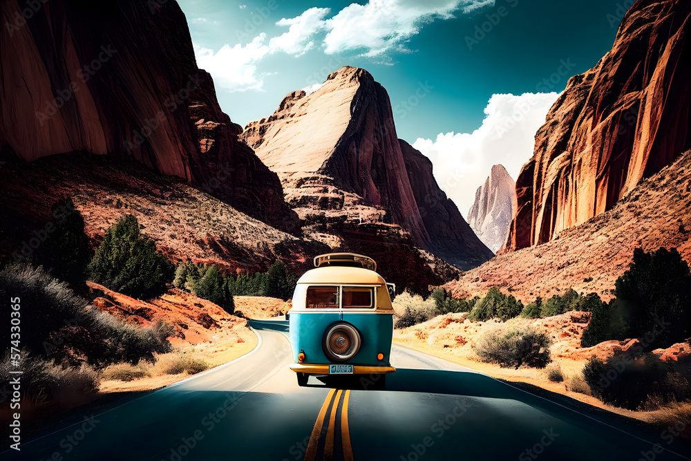 On the Road Again vintage camper van parked on a winding mountain road ...