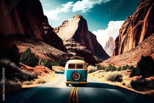On the Road Again vintage camper van parked on a winding mountain road Generative AI
