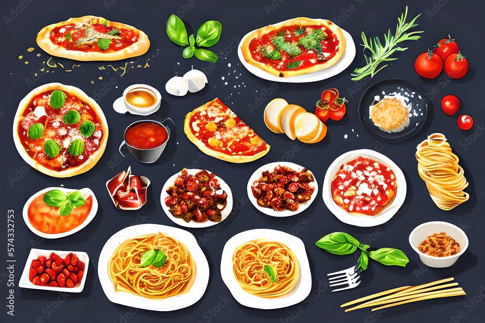 Italian food set. Pizza, spaghetti with sause bolognese, Caprese salad, Bruschetta. Watercolor hand drawn illustration isolated on white background. Generative AI Italian food set. Pizza, spaghetti with sause bolognese, Caprese salad, Bruschetta. Watercolor hand drawn illustration isolated on white background. Generative AI